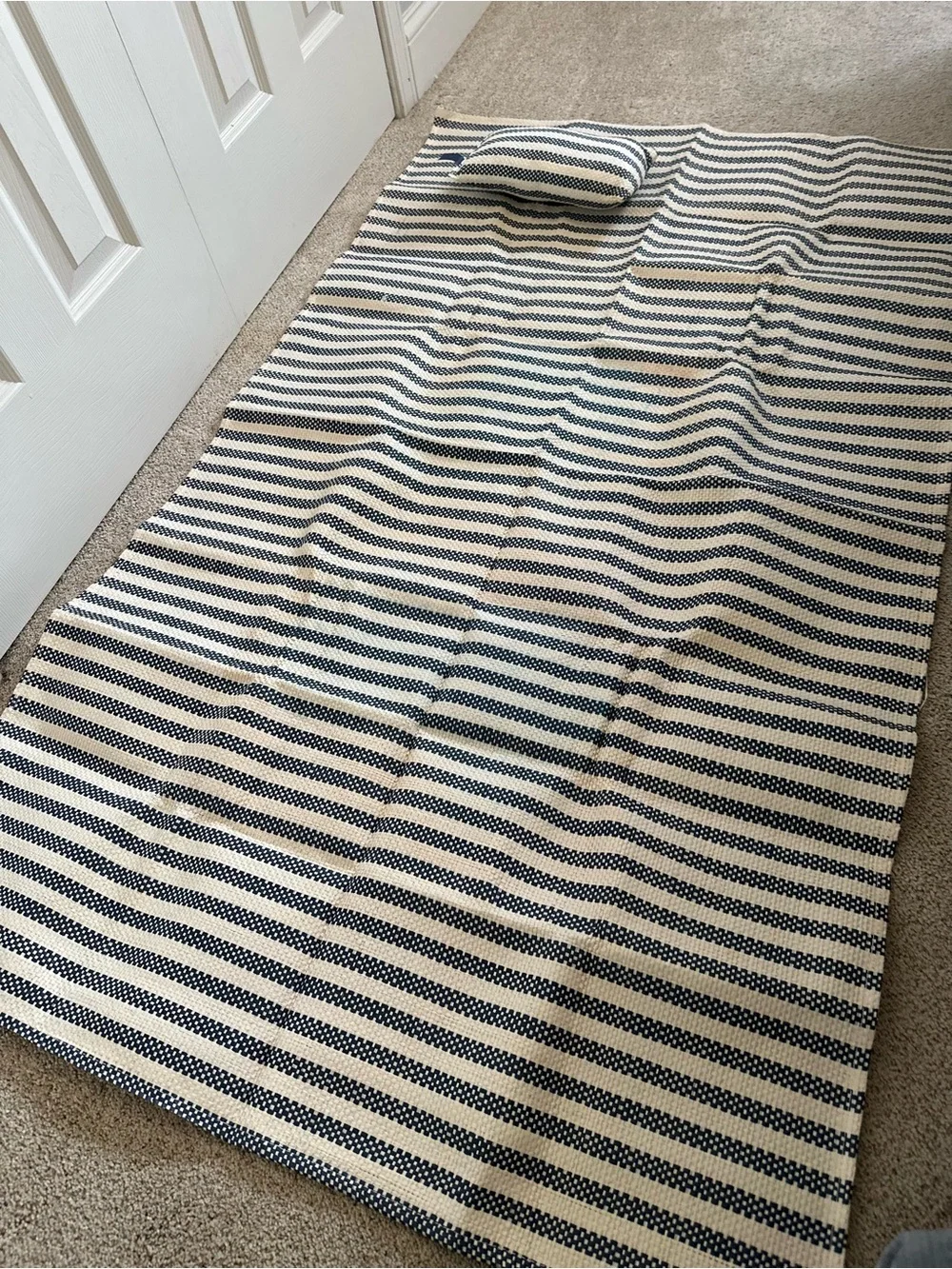Striped Navy and Cream Straw Beach blanket with Pillow